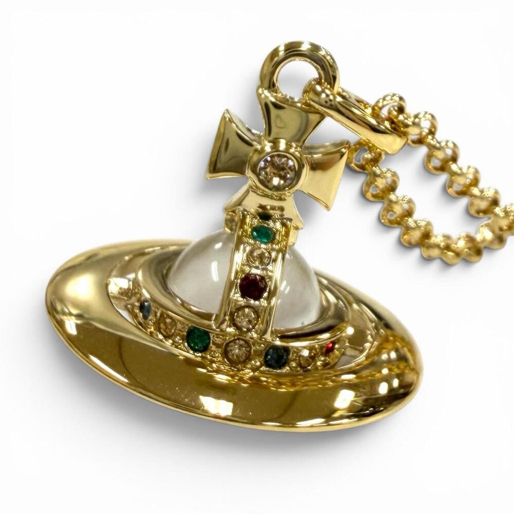 Vivienne Westwood NEW TINY ORB Rhinestone Necklace, Gold, Women's, with Box a...